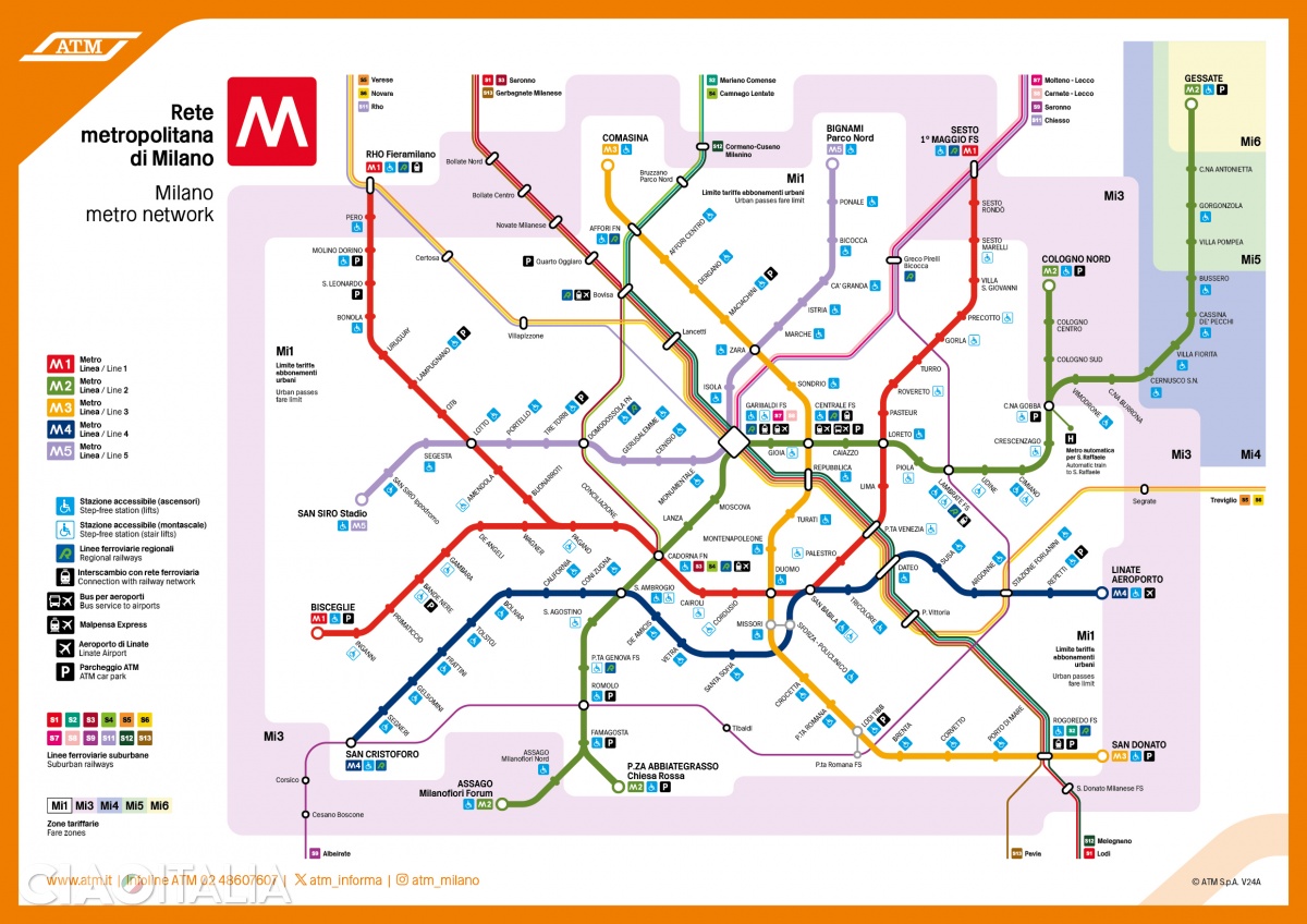 Harta rețelei de metrou din Milano (ATM.it)