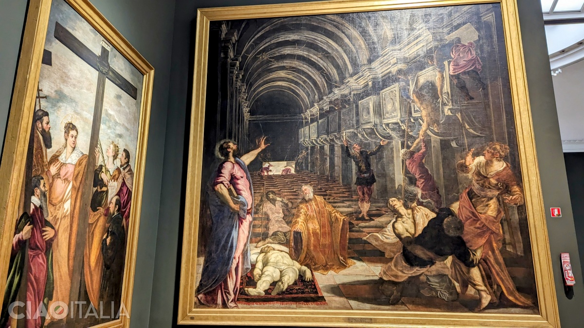 Jacopo Tintoretto - "Adorarea Crucii" (stânga, 1560) și "Găsirea corpului Sf. Marcu" (dreapta, 1562-1566)